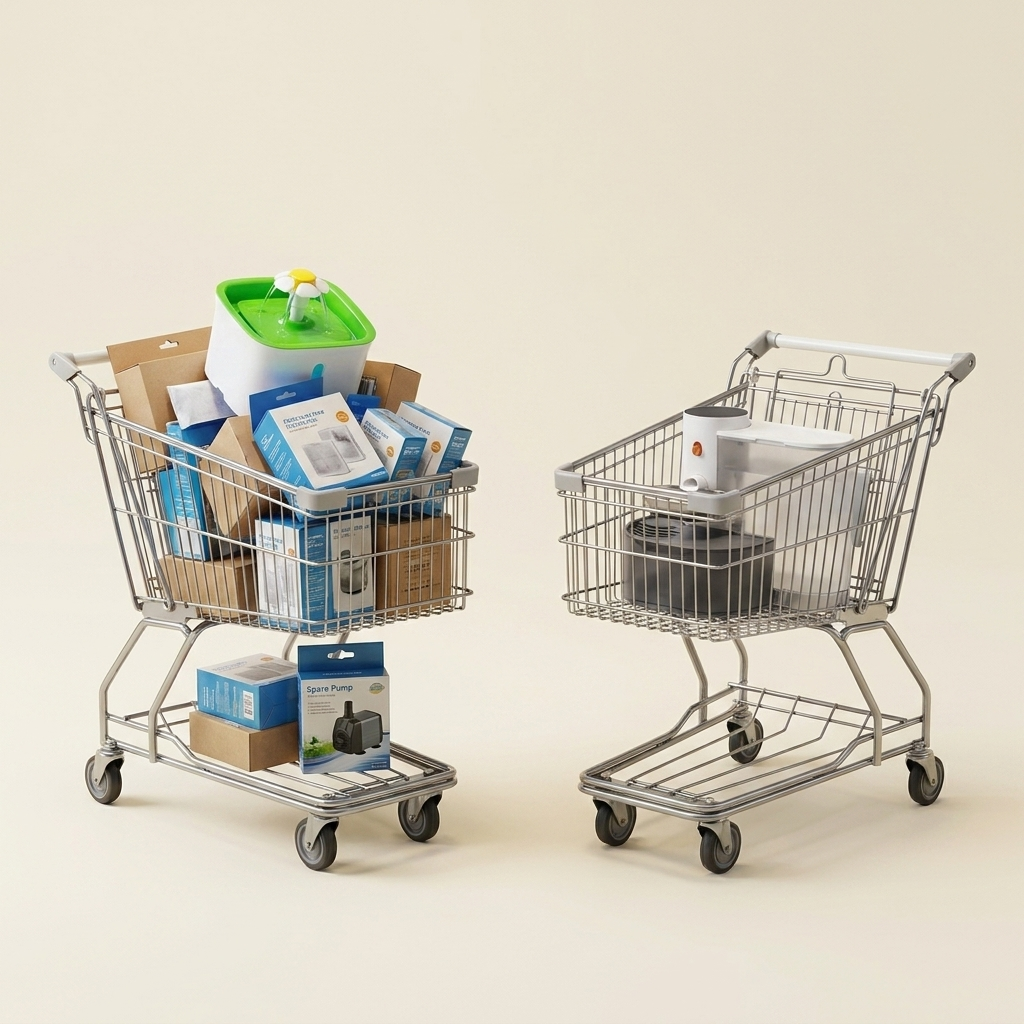 Two carts side by side — one piled with a cheap fountain plus endless filter packs and a replacement pump; the other holding a single HydraTank.