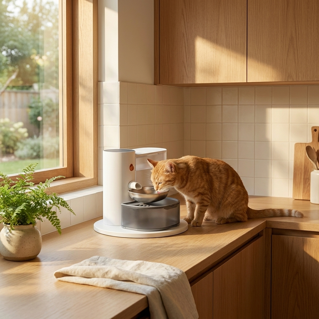 A calm, tidy kitchen corner — HydraTank, a content cat, no cord, no clutter.