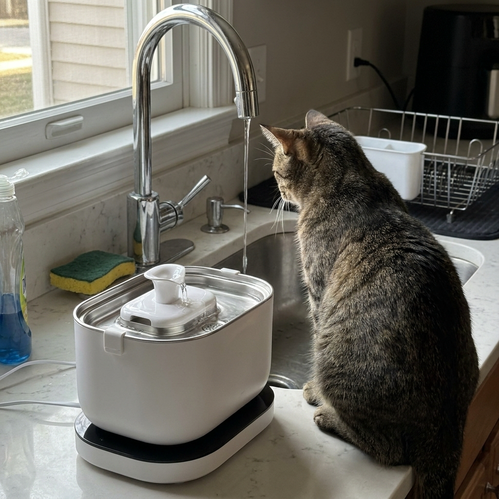 A cat sitting beside an expensive-looking running fountain, pointedly ignoring it and staring up at the kitchen tap instead.