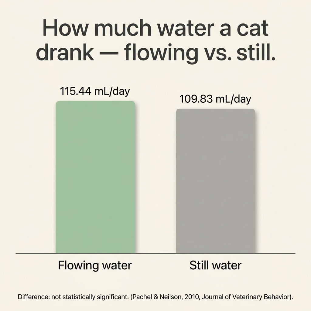 A clean, simple bar chart comparing how much water a cat drank from flowing versus still water — two nearly identical bars, 115.44 mL vs 109.83 mL.
