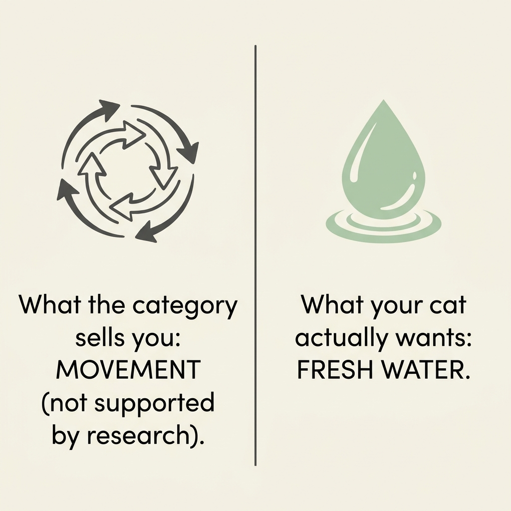 A simple split graphic. Left: what the category sells you — movement, not supported by research. Right: what your cat actually wants — fresh water.