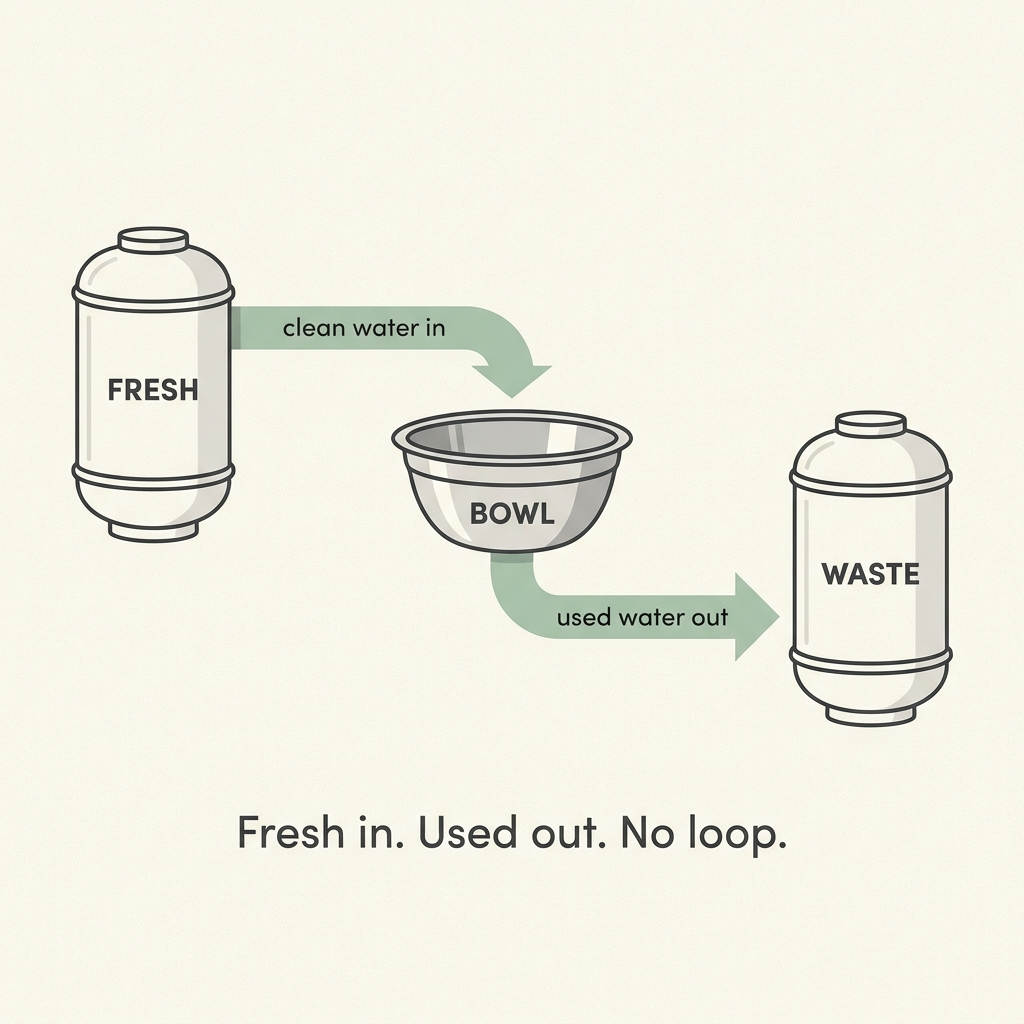 Clean diagram: a sealed FRESH tank feeding the drinking bowl, and the bowl draining into a sealed WASTE tank, with arrows showing clean water in and used water out.