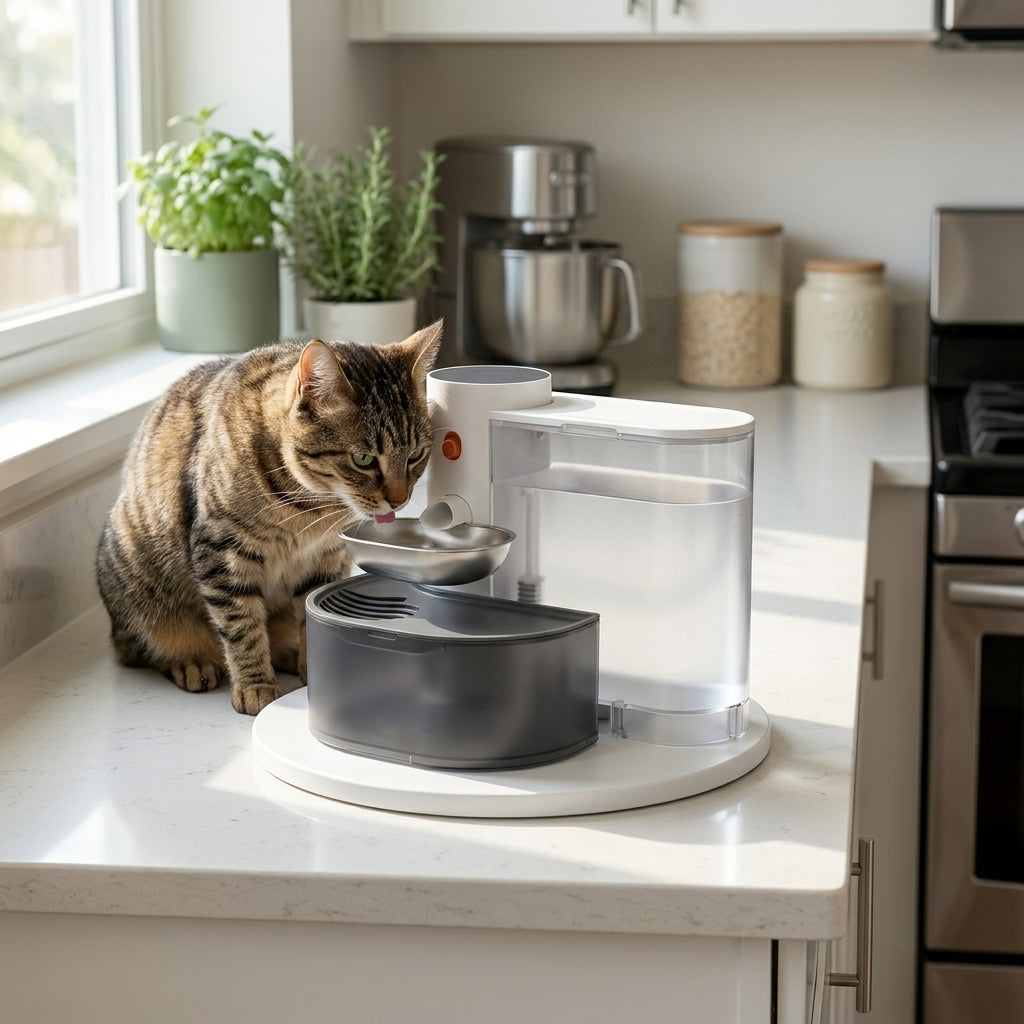 Clean hero shot of HydraTank on a tidy counter — food-grade stainless steel bowl, both sealed tanks visible, completely cordless, with a cat drinking calmly beside it.