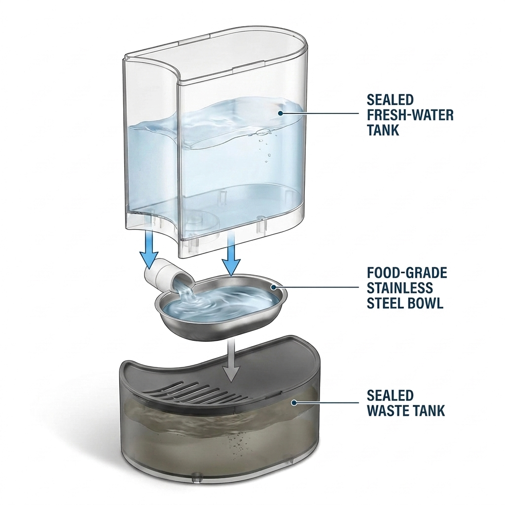 Cutaway diagram labeling three parts — sealed fresh-water tank, food-grade stainless steel bowl, and sealed waste tank — showing the refresh cycle.