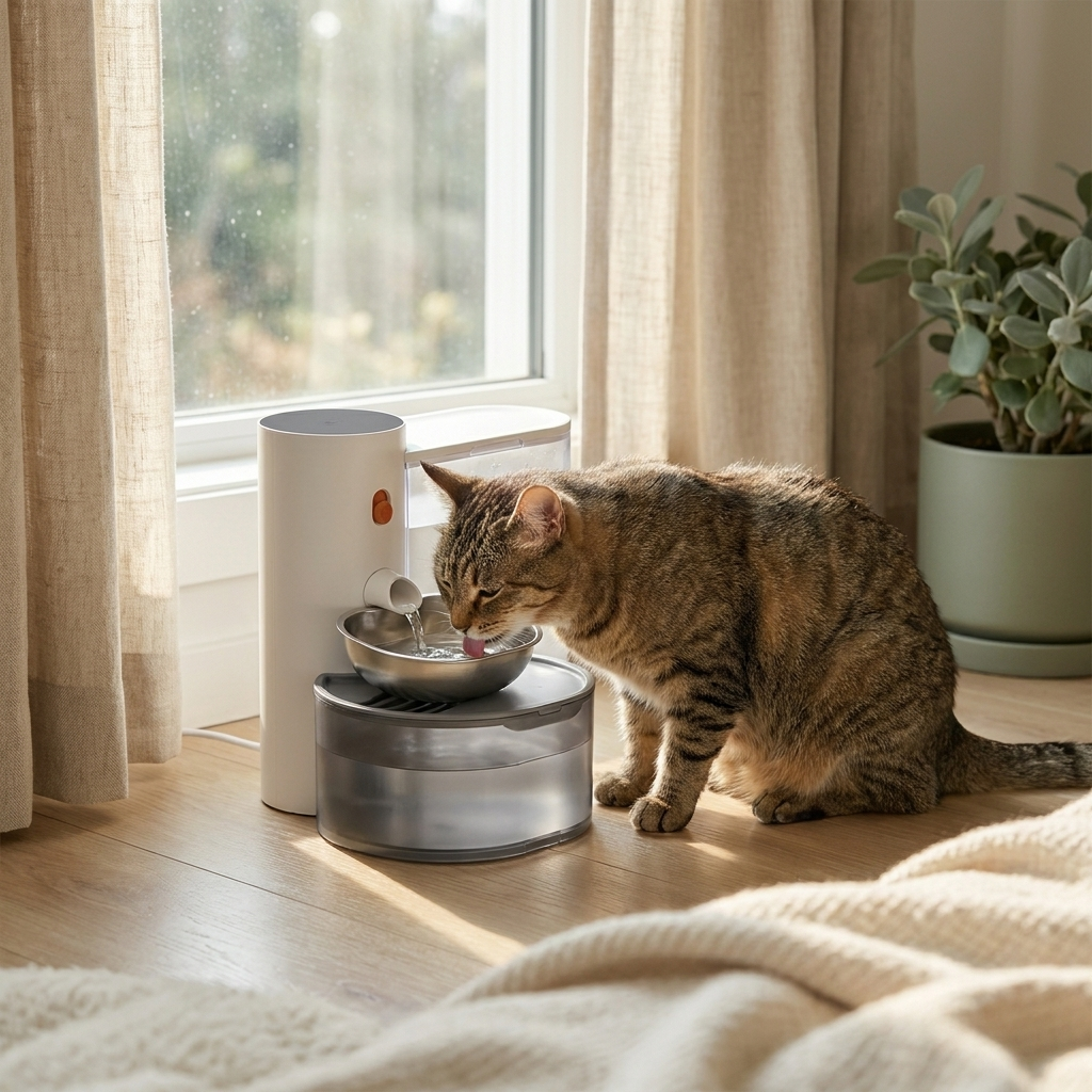 One of the founder’s cats drinking calmly from the HydraTank bowl in a quiet corner.