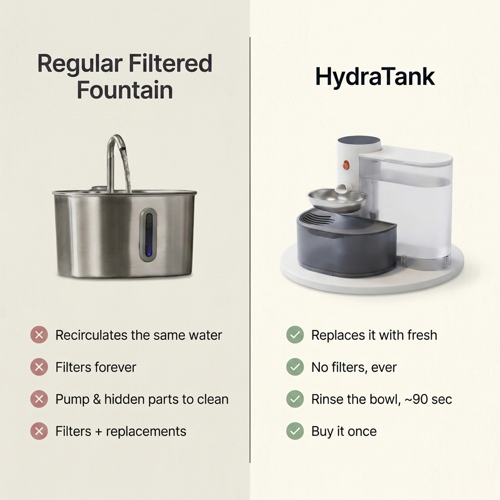 Side-by-side comparison graphic of a normal filtered fountain versus HydraTank.