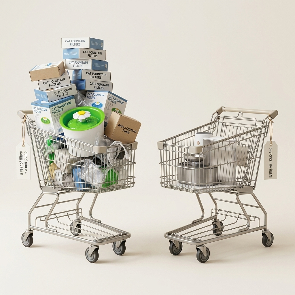 Two carts side by side — one piled with a cheap fountain + endless filter packs + a replacement pump; the other holding a single HydraTank.