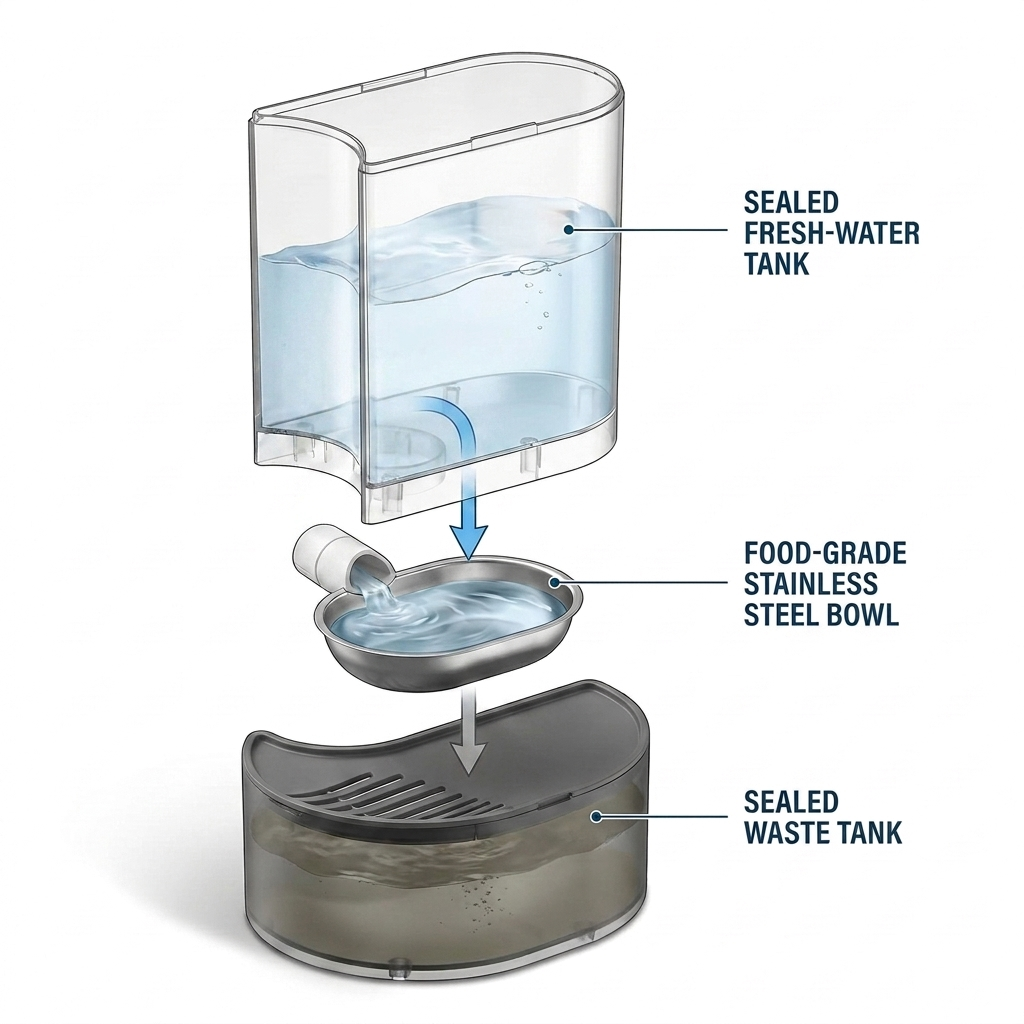 Cutaway diagram/animation labeling three parts — sealed FRESH-WATER TANK, food-grade STAINLESS STEEL BOWL, sealed WASTE TANK — with the refresh cycle shown: the bowl drains used water into the waste tank, the fresh tank refills the bowl.