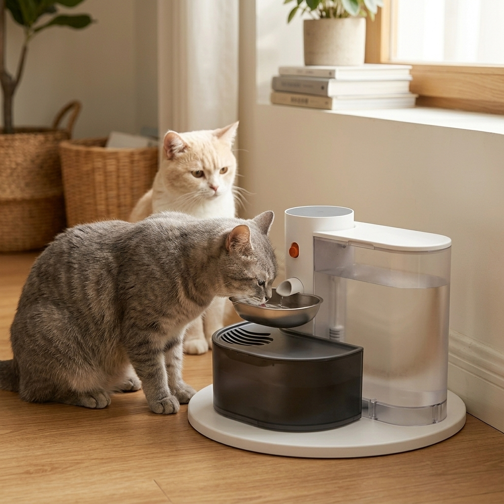 One of the founder’s cats drinking calmly from the HydraTank bowl.