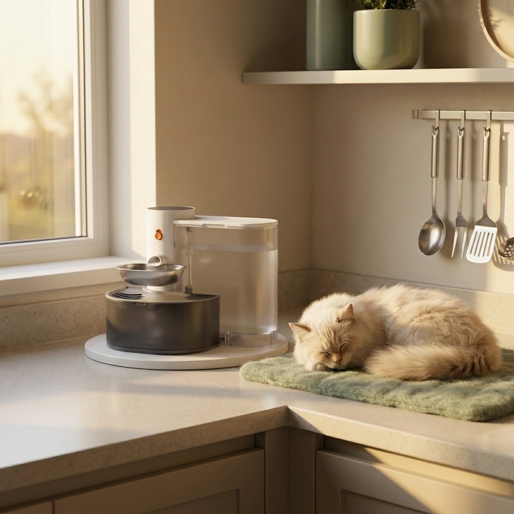 A calm, tidy kitchen corner — HydraTank, a content cat, no cord, no clutter.