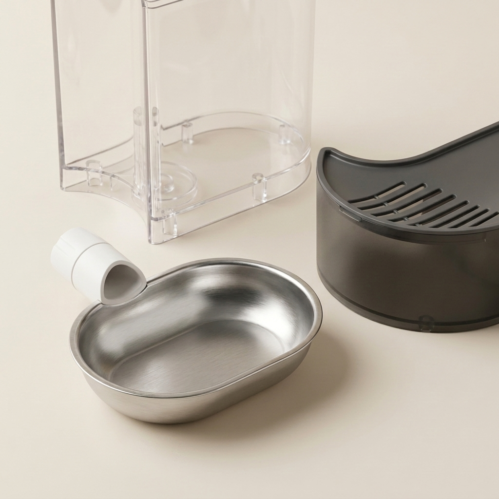 Close-up of the stainless bowl and the two sealed tanks — clean, dry, simple.