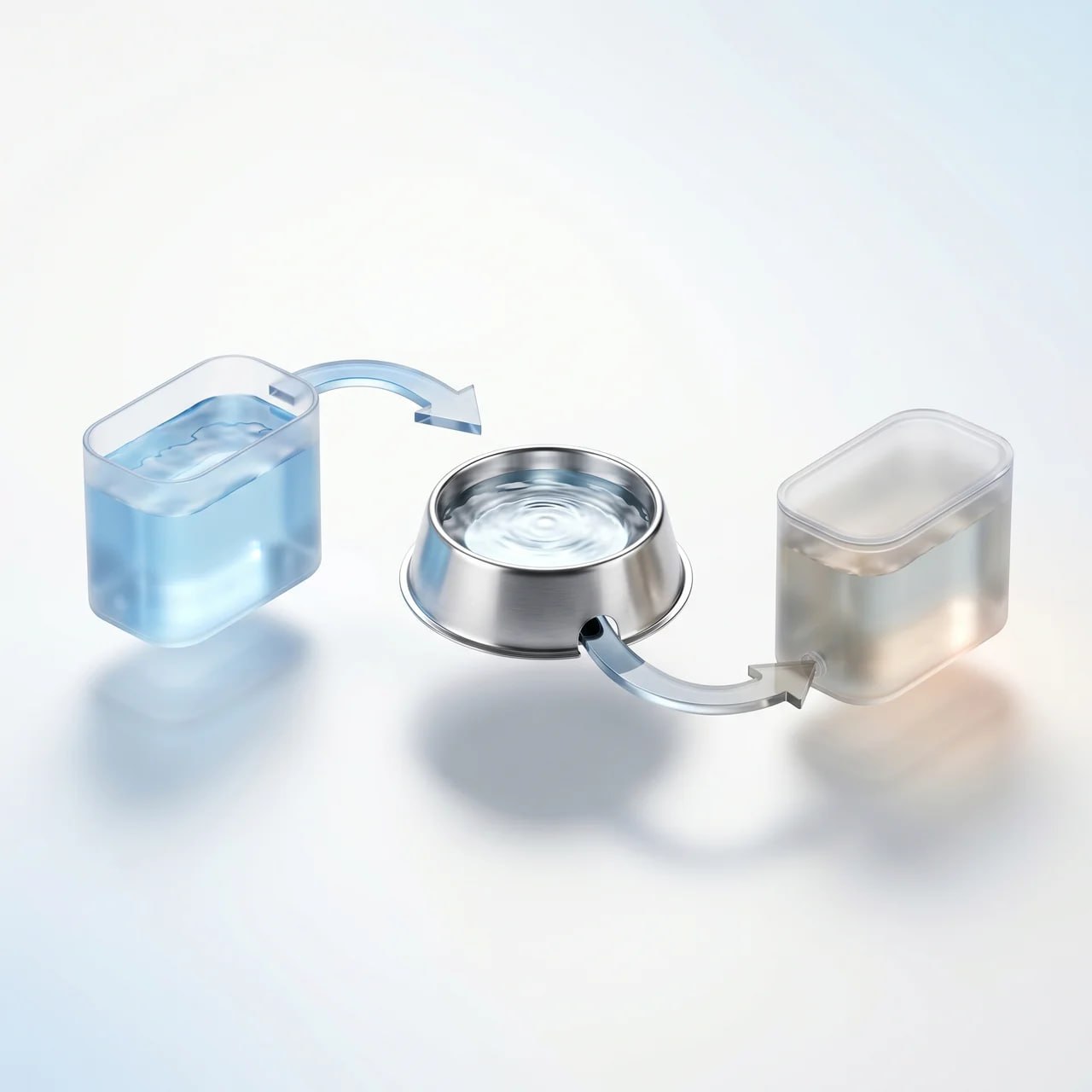 Clean diagram: a sealed FRESH tank → a stainless steel bowl → a sealed WASTE tank, with arrows showing clean water flowing into the bowl and used water (tinted slightly murky) draining away into the sealed waste tank.